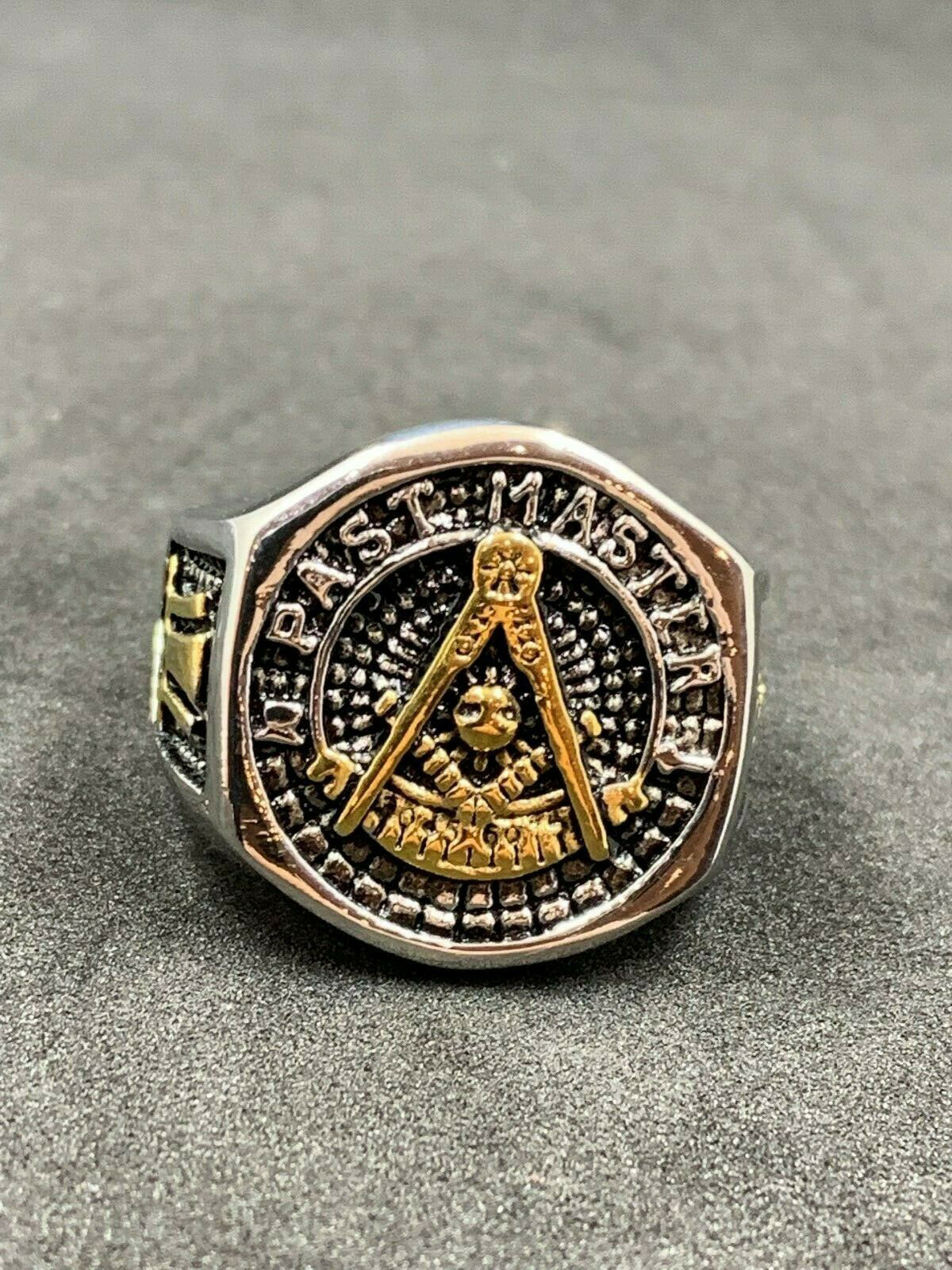 Men Past Master Degree Masonic Ring York Rite Freemason 24K Gold Tone Size 9-15