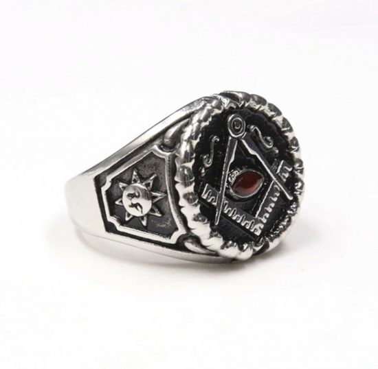 Men’s Masonic Square & Compass SilverBlack Stainless Steel Ring