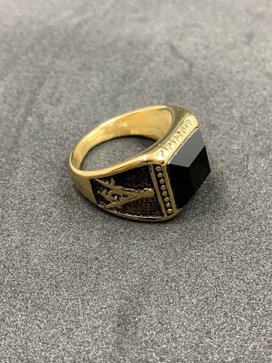 Masonic Ring Stainless Steel Gold With Black Imitation Stone Size 11