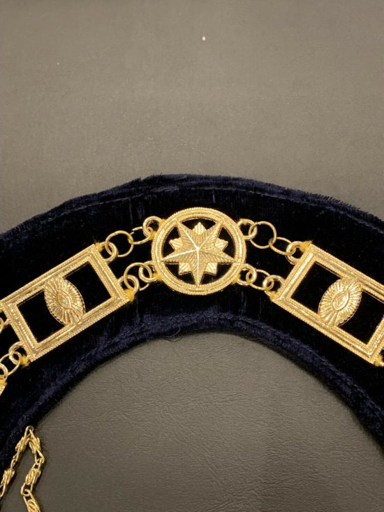 Masonic Master Mason Gold Metal Chain Collar On Blue Velvet Masonic Metal Collar