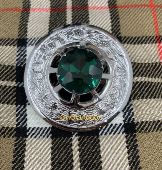 Scottish Kilt Fly Plaid Brooch Green Stone Chrome Finish 3" Ladies Sash Kilt