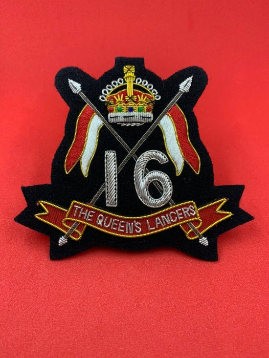 16th / 5th QUEEN'S LANCERS BLAZER BADGE HAND EMBROIDERED WITH BULLION AND WIRE