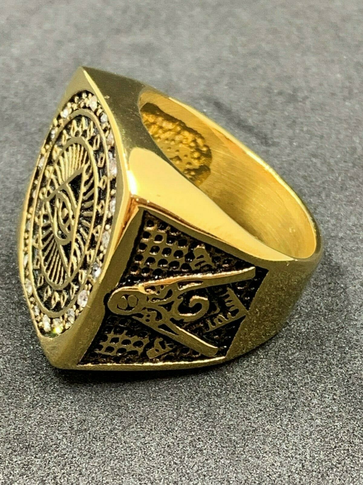 Stainless steel Freemason illuminati gold ring with imitaion diamond ...