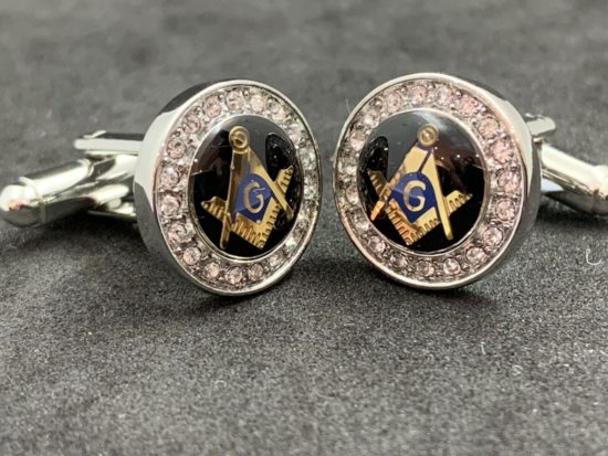 Masonic Freemason Silver Cufflinks Square Compass Symbol With Imitation Diamonds