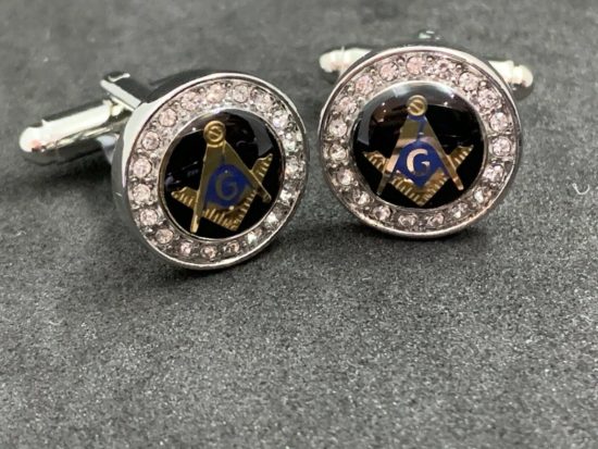 Masonic Freemason Silver Cufflinks Square Compass Symbol With Imitation Diamonds