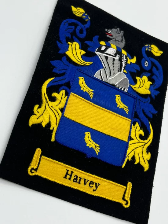 Harvey Family Crest Badge Hand Embroidered Bullion and Wire Family Crest Badges