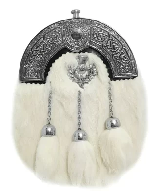 WHITE RABBIT FUR 3 TASSELS SCOTTISH BRASS CANTLE SPORRAN WITH BELT