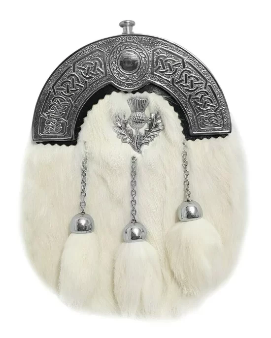 WHITE RABBIT FUR 3 TASSELS SCOTTISH BRASS CANTLE SPORRAN WITH BELT