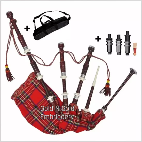 Scottish Bagpipe Rosewood Tartan Black Finish with Silver Plain Mounts